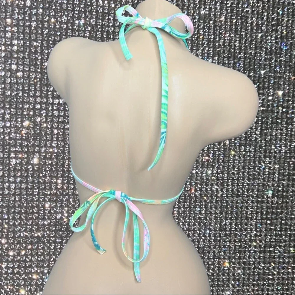 Victoria secret pink bikini top floral tropical green neon triangle halter cute